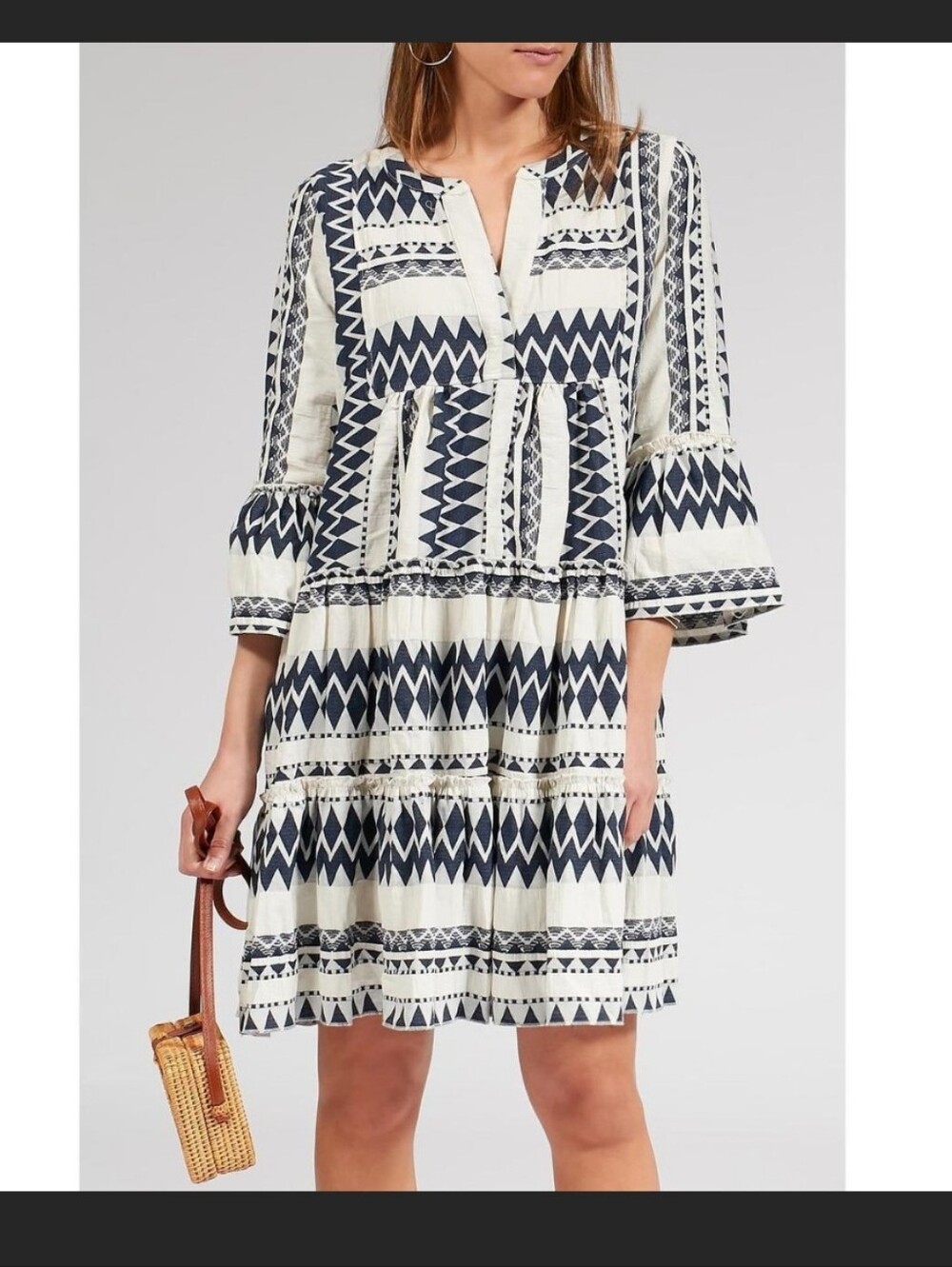 Silk & Salt Printed V-Neck Tiered Mini Dress in Navy and White